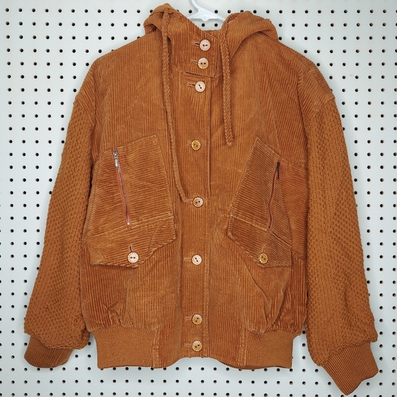 90s Primizia Jacket Corduroy Cable Knit Leather Button Zip Hooded Bomber Rustic - Picture 4 of 9
